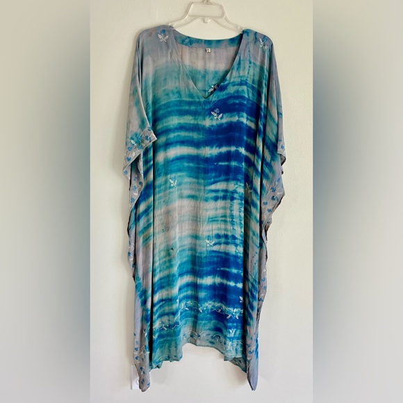 Sun Child Silk Blue and Gray Tie-Dye Maxi Caftan/Dress - Picture 1 of 3